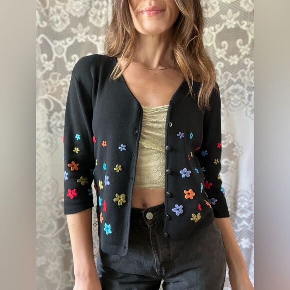 Vintage 80s CLIO Petites Black Silk Colorful Floral Embroidered Cardigan Sweater - Picture 14 of 14